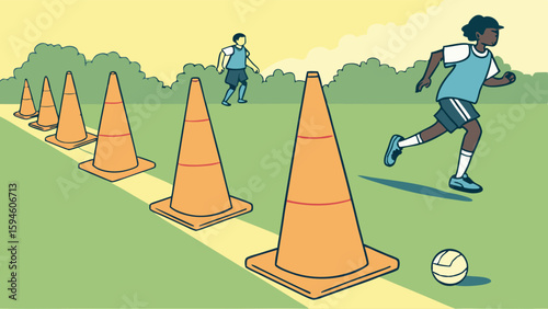 Soccer Practice with Cones on a Grassy Field.