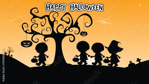 Silhouette of children trick or treating under a spooky tree on halloween night with orange background
