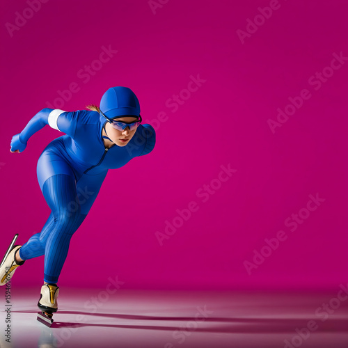A female speed skater in an action pose on a pink studio background with extensive copy space. A concept for winter sports, speed, and competition.