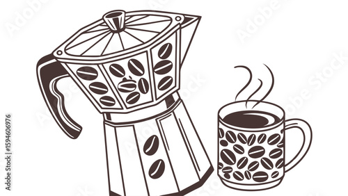 Vector Illustration of Coffee Maker and Steaming Coffee Cup.