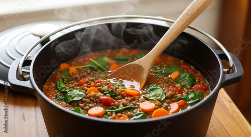 Hearty Lentil Soup Simmering in Black Pot with Wooden Spoon image