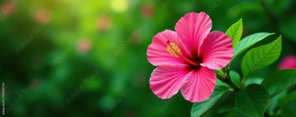 Fototapeta premium Vibrant pink hibiscus blossom, lush green leaves, copy space , floral, botany