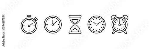 Vector art of collection of timekeeping icons including clocks and hourglass