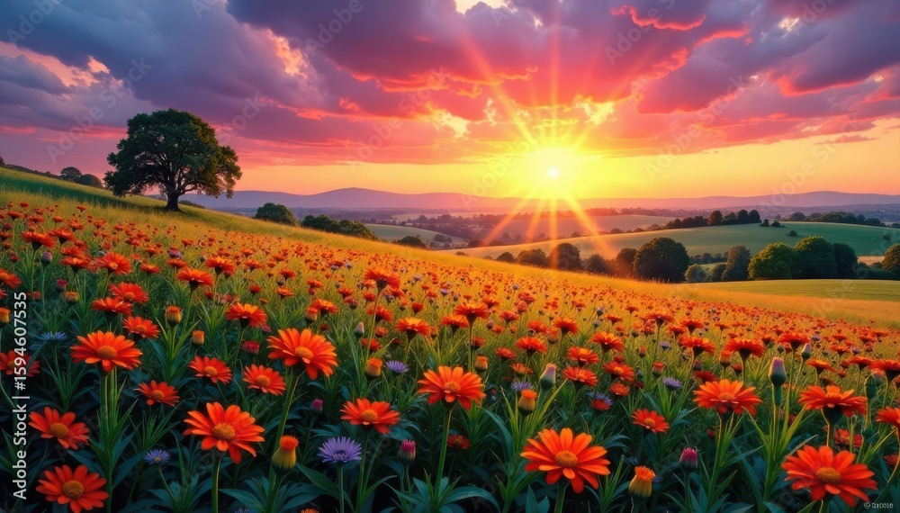 Obraz premium Vibrant sunset hues paint wildflowers, rural landscape , light, colors, peaceful