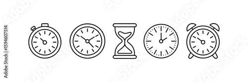 Vector art of collection of timekeeping icons including clocks and hourglass