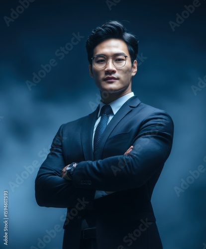 A confident Asian businessman stands with arms crossed in front of a calm soft blue background, radiating strength.