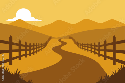 Rustic Fence Line with Golden Haze and Countryside View Illustration