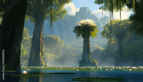 Lush, sunlit fantasy swamp, tall trees, and a unique palm