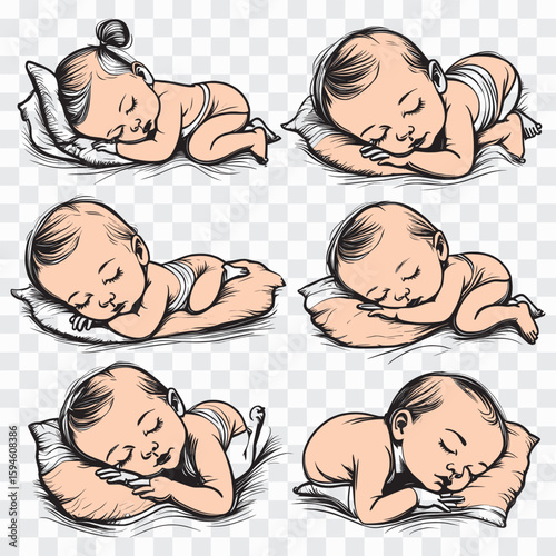 Adorable sleeping baby illustrations on pillows, cute infant collection. Baby boy sleeping