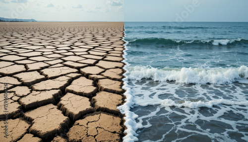 Dramatic contrast of dry earth and ocean waves coastal region nature photography landscape aerial view climate change awareness