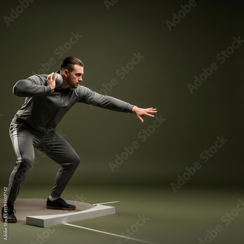 A male athlete in a powerful shot put pose on a studio background with copy space. A concept for track and field, strength, and power.