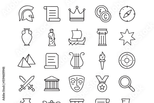 Ancient Greek Roman culture icons line art ancient greece