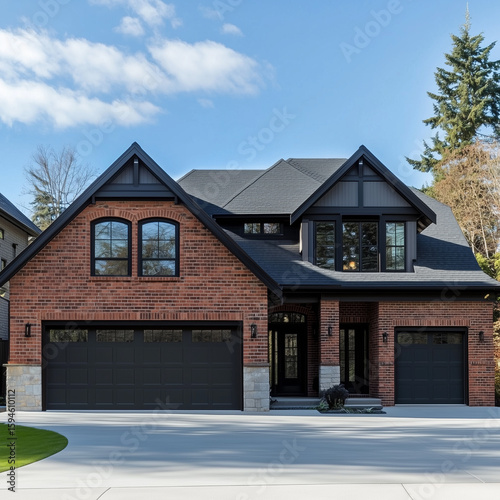 A beautiful brick house with a black roof stands under a blue sky