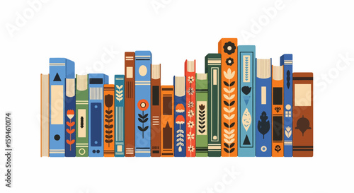 A colorful illustration of a bookshelf filled with diverse books, each uniquely designed with various patterns and colors.