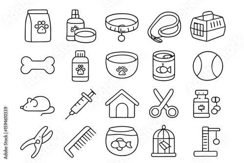Black and white line art icons of pet care items pet care icons