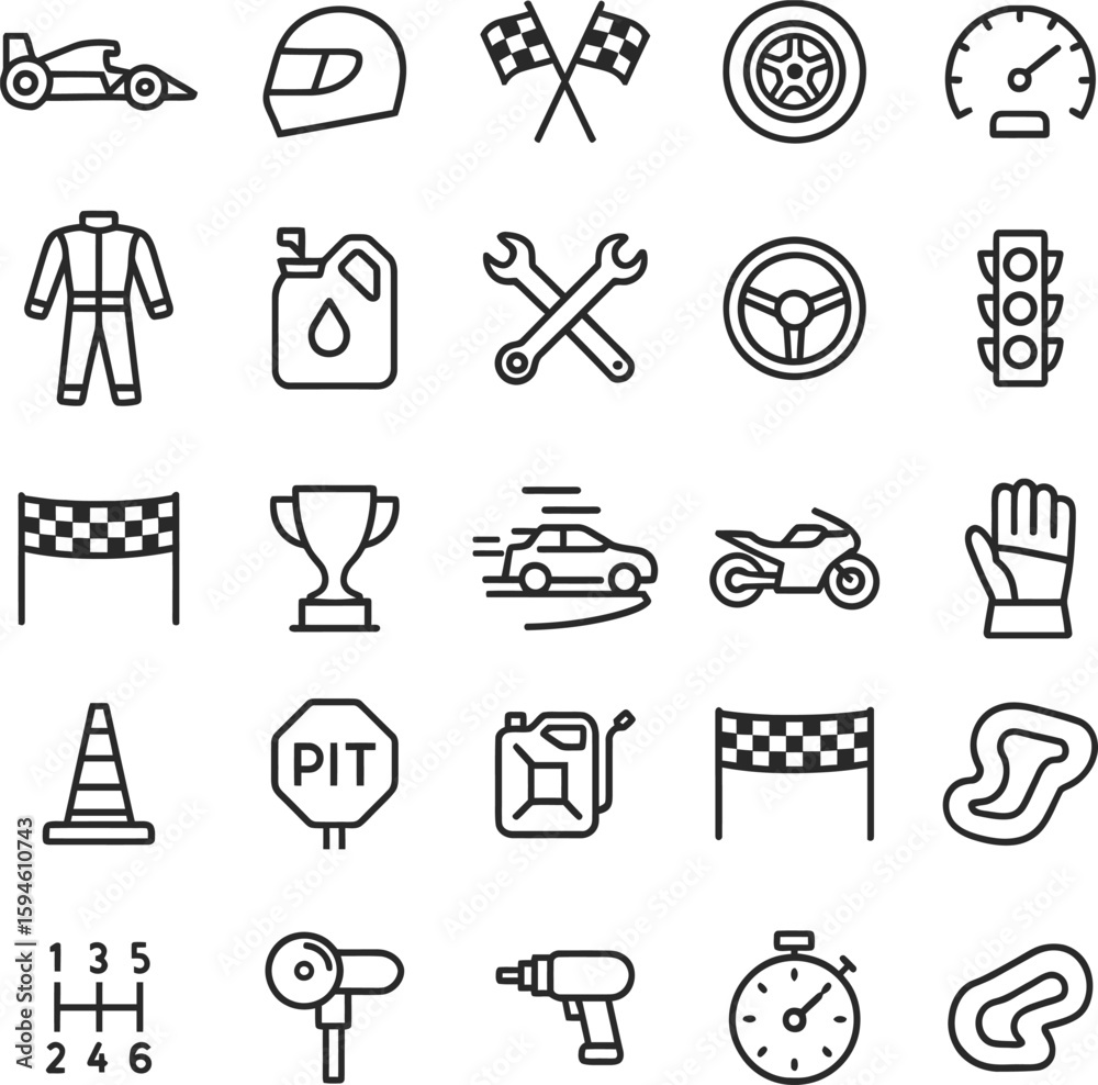 Fototapeta premium Motorsports Vector Icon Set with Adjustable Line Weight Featuring Racing Car, Motorcycle, Helmet, Trophy, Oil, Engine, Pit Stop, Fuel, Flag, Speed, and Competition Symbols