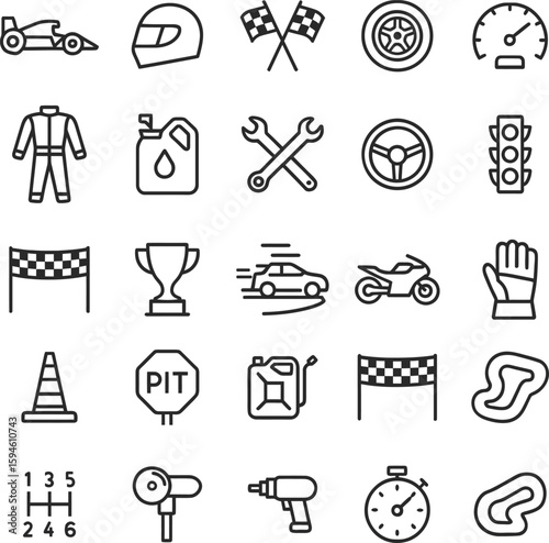  Motorsports Vector Icon Set with Adjustable Line Weight Featuring Racing Car, Motorcycle, Helmet, Trophy, Oil, Engine, Pit Stop, Fuel, Flag, Speed, and Competition Symbols