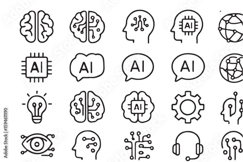 Collection of 20 minimalist black line art icons related to artificial intelligence