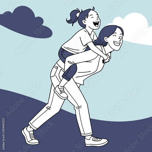 Mother carrying child piggyback happy joyful ride