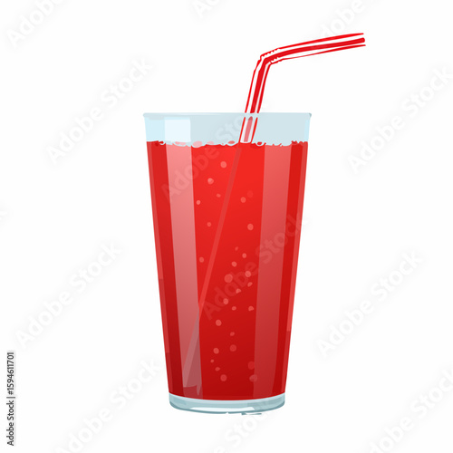 Tall glass contains red beverage with bubbles and striped drinking straw