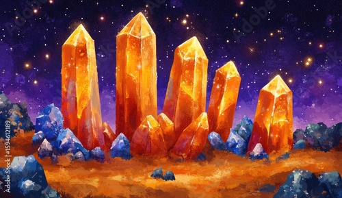 Vibrant orange crystals stand tall against a night sky, nestled amongst smaller rocks.  Stars shimmer