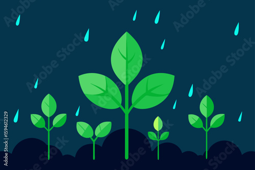 fresh green plants in rain