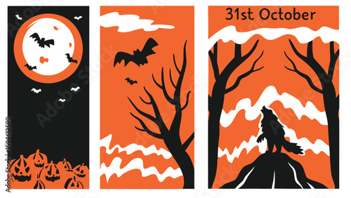 Three halloween themed illustrations with bats, pumpkins, trees, and a howling wolf on october thirty first