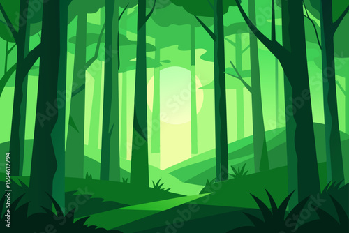 sunlit forest with green haze