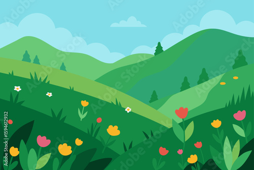 verdant hillside with wildflowers