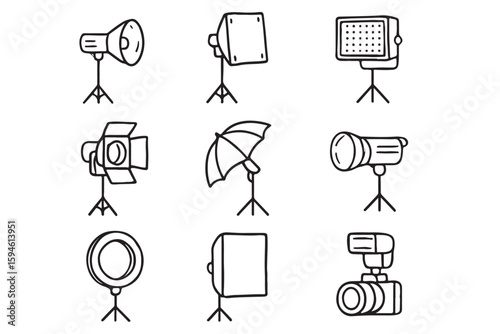 Hand drawn line art icons of photography lighting equipment