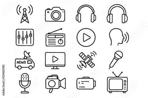 Hand drawn media and communication icons in a grid