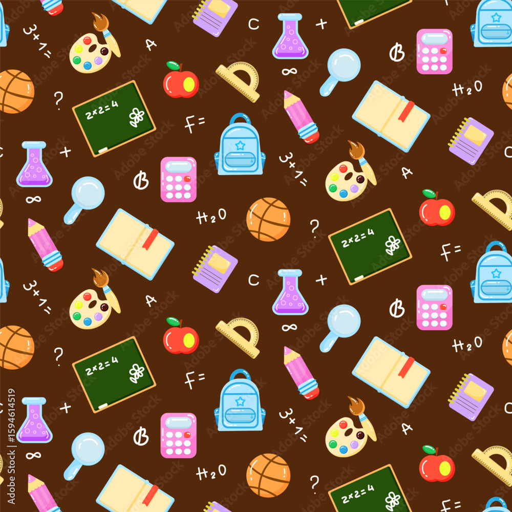 Seamless pattern of school supplies on brown background.