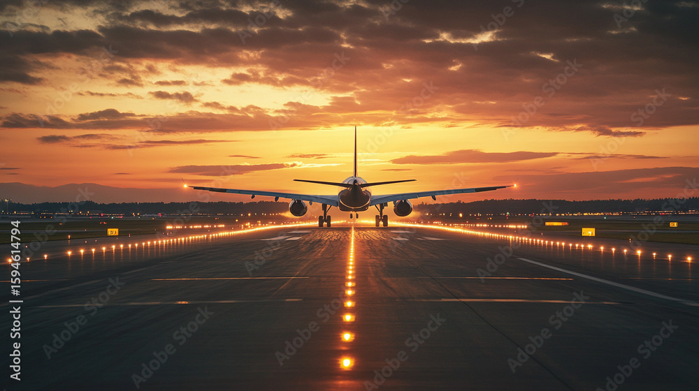 Obraz premium rear view of a passenger airplane taking off from airport runway into the evening sky