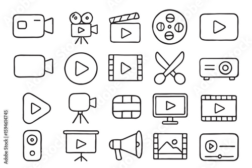 Hand drawn video and film icons on white background
