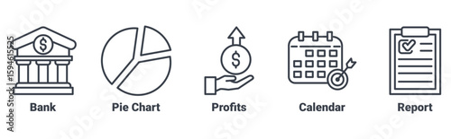 Financial Insights  icon set vector illustration concept with icon of bank ,pie chart, profits, calendar, report 