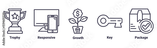 STARTUPS icon set vector illustration concept with icon of trophy, responsive, growth, key, package