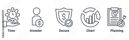 Profitable Strategies icon set vector illustration concept with icon of time, investor, secure, chart, planning 