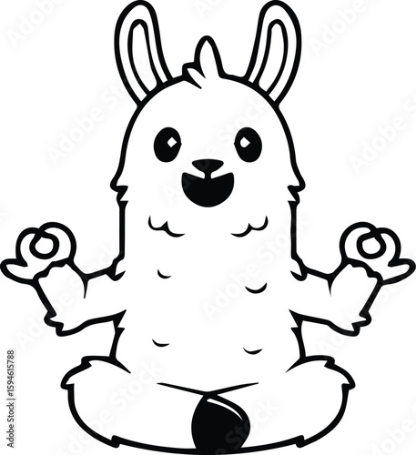 A cartoon llama is meditating in a yoga pose isolated on transparent background