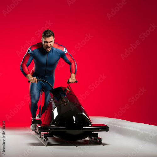 A bobsled athlete pushing the sled on a red studio background with copy space. A concept for winter sports, teamwork, and high speed.