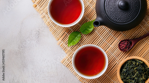 Serene tea ceremony setup featuring two cups of tea, teapot, and tea leaves on bamboo mat, inviting relaxation and mindfulness