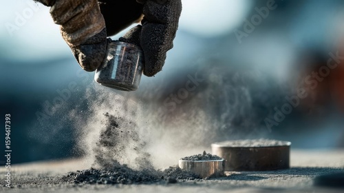 Gloved Hand Handling Fine Powder in Workshop