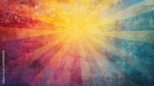 Abstract colorful sunburst background with grunge texture.
