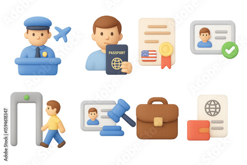 Travel and security icons featuring passport control and id cards in 3d style