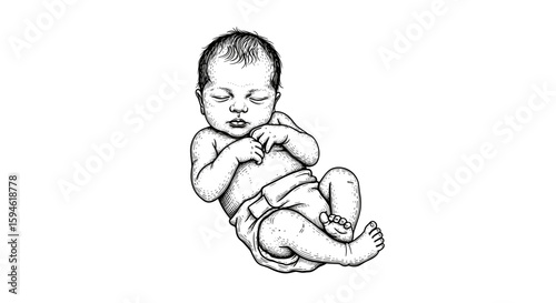 Baby in diaper sleeping - hand drawn black and white vintage ink sketch, vector illustration
