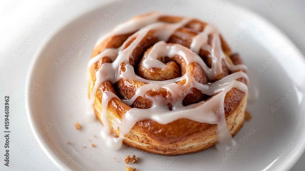 Fototapeta premium A freshly baked cinnamon roll with a generous drizzle of white icing, served on a white plate.