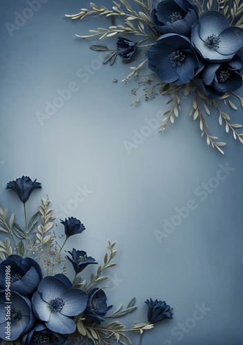 Elegant background with a delicate arrangement of dark blue flowers against a muted, gradient blue background, evoking a sense of reverence and serenity.