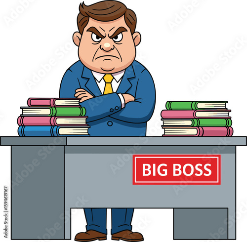 Business executive behind desk, big boss sign, leadership authority, corporate professional, office environment, book stacks, decision maker, confident pose