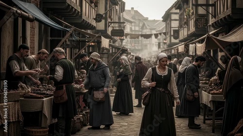 Historical reenactment of crowded 19th century European street market. People in period costumes shopping at vendor stalls. Atmospheric scene of daily life in old town.
