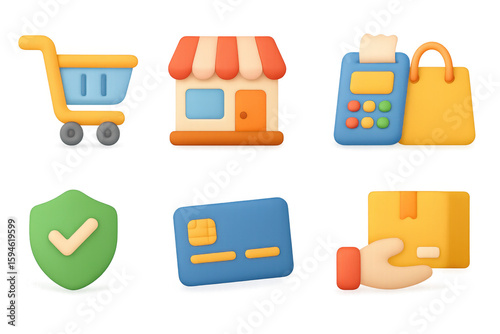 3d shopping icons set: cart, store, pos, bag, shield, card, package