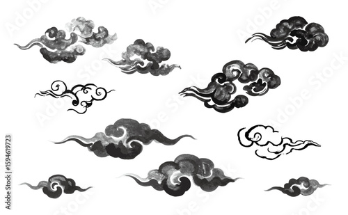 日本の雲模様、和風デザイン、セット、浮世絵風